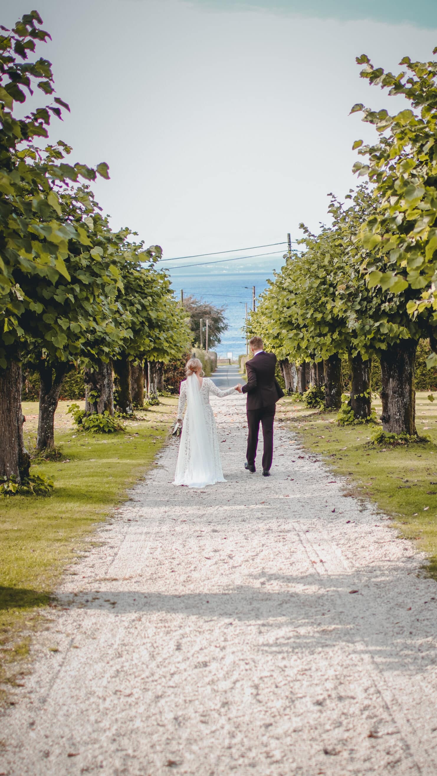 Brudepar som går i alléen i hagen på Refsnes Gods med fjordutsikt.